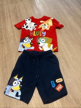 Bluey Kids Matching Set - Red Top & Navy Shorts